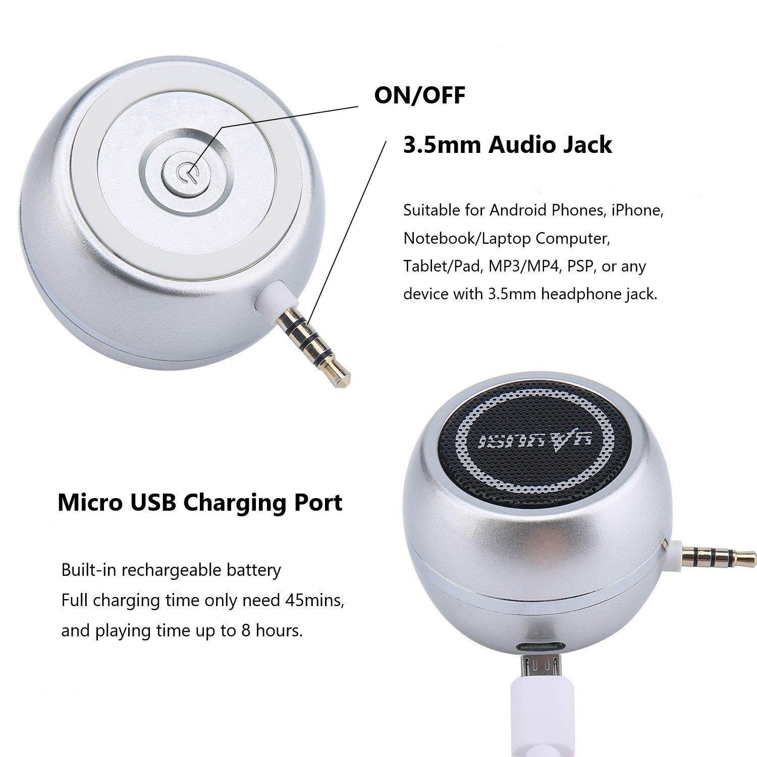 Wireless Mini Speaker with 3.5mm Aux Input Jack, 3W Loud Portable Speaker for iPhone iPod iPad Cellphone Tablet Laptop, with USB Rechargeable Battery, Gift Choice for Kids, Silver
