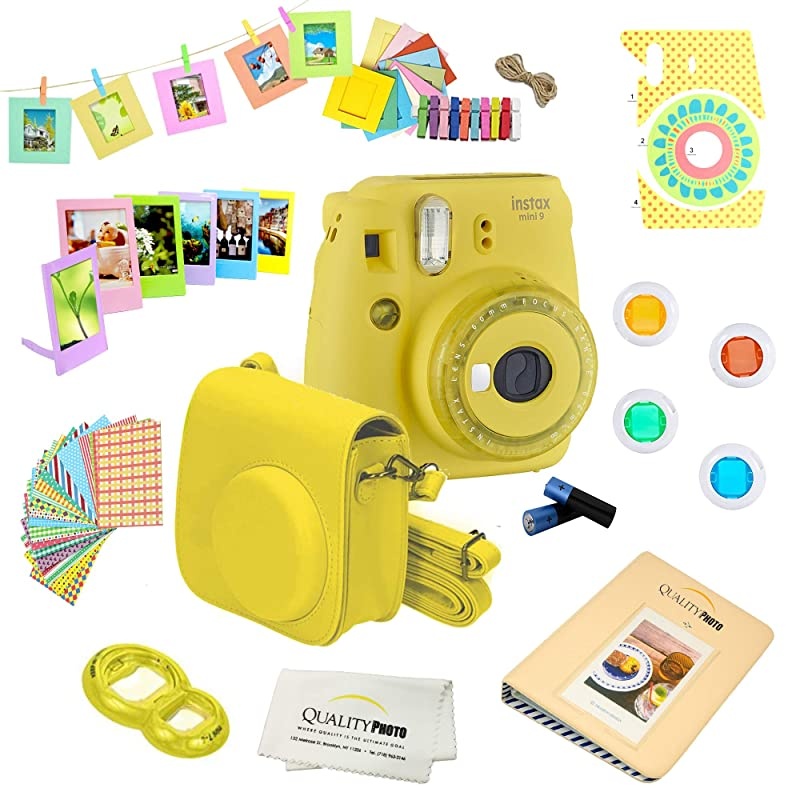 Instax Mini 9 Camera + 14 PC Instax Accessories kit Bundle, Includes; Instax Case + Album + Frames & Stickers + Lens Filters + More (Flamingo Pink)