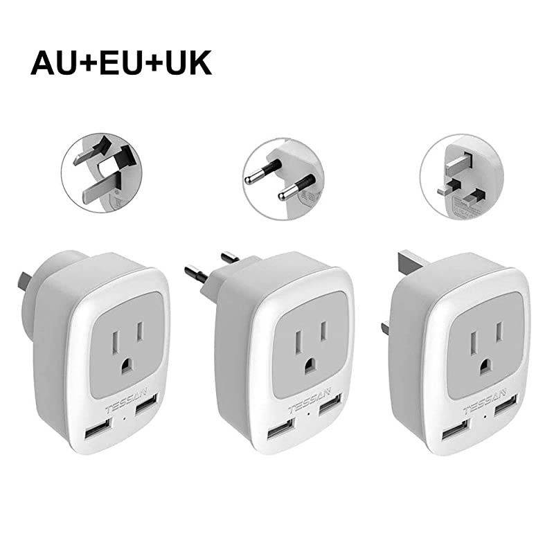 European UK Australia Travel Adapter 3Pack Kit,  International Power Plug 2 USB, Outlet Adaptor for US to Worldwide Europe Spain Iceland Italy Ireland England China, Type C Type G Type I