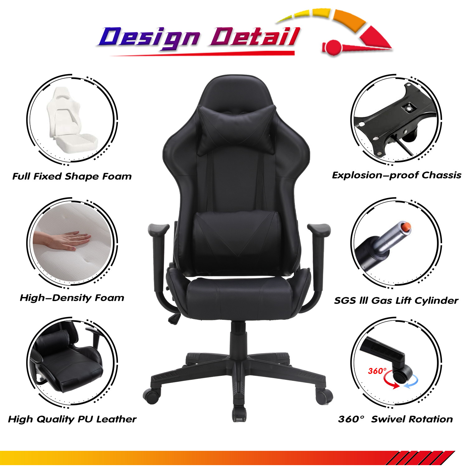Racing Style Ergonomic Computer Gaming Chair Massage Chair with High-Back Swivel PU Leather, Seat Height Adjustable, and Lumbar & Head Support