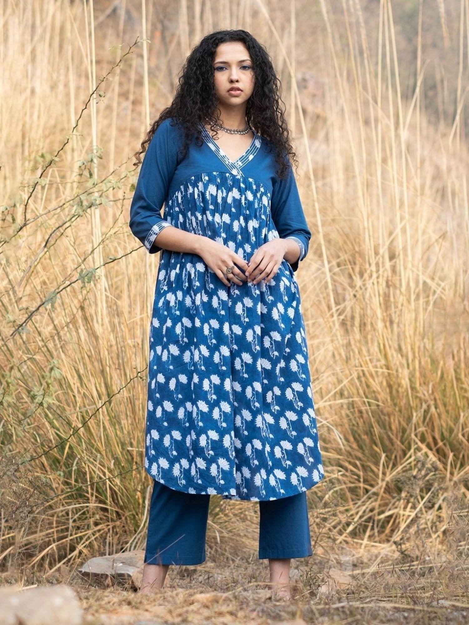 Akiso Neela Indigo Block Printed Gathered Kurta With V Neck Embroidered Neckline