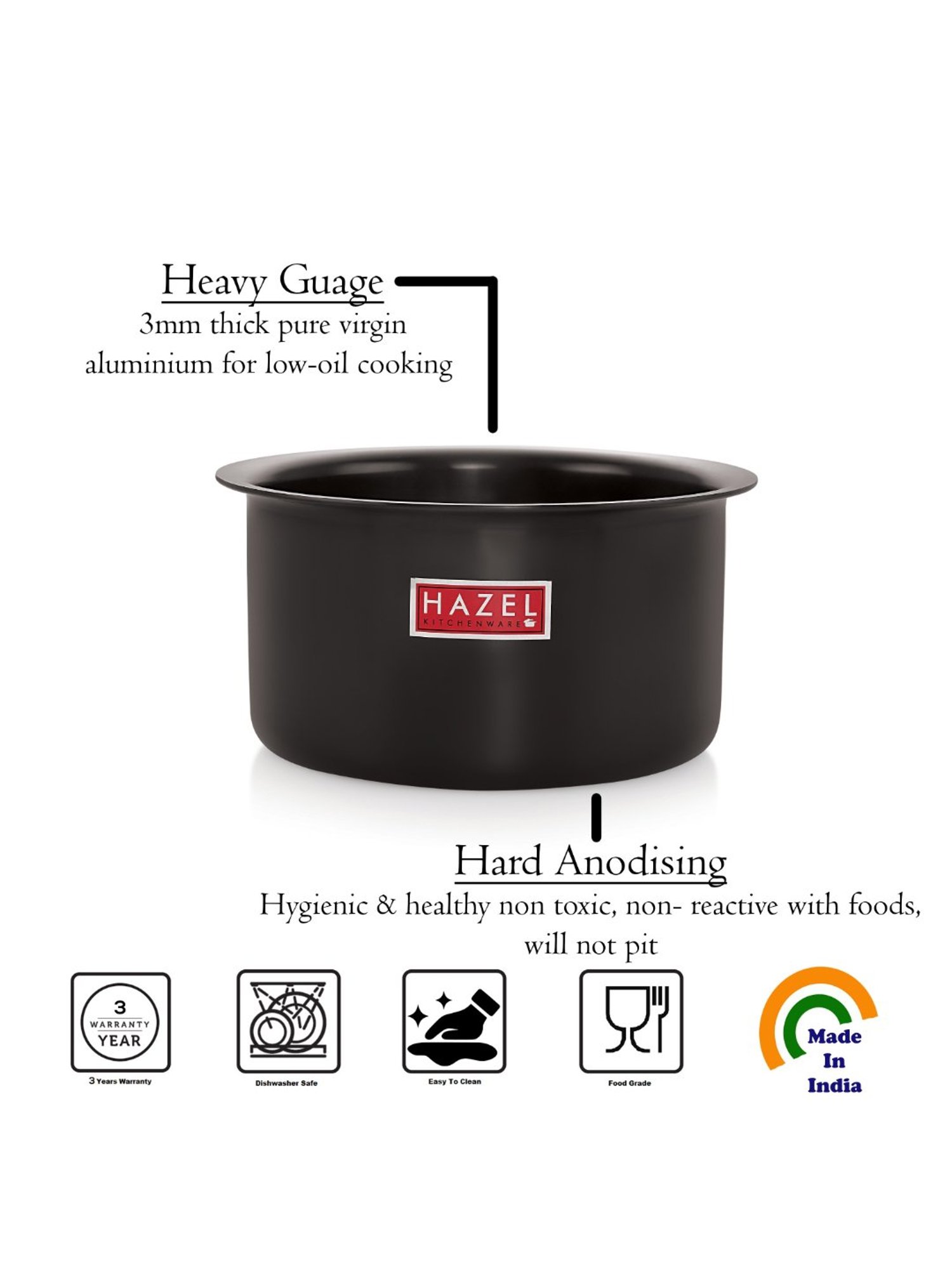 HAZEL Black 1100 ML Aluminium Bhagona - Set of 1