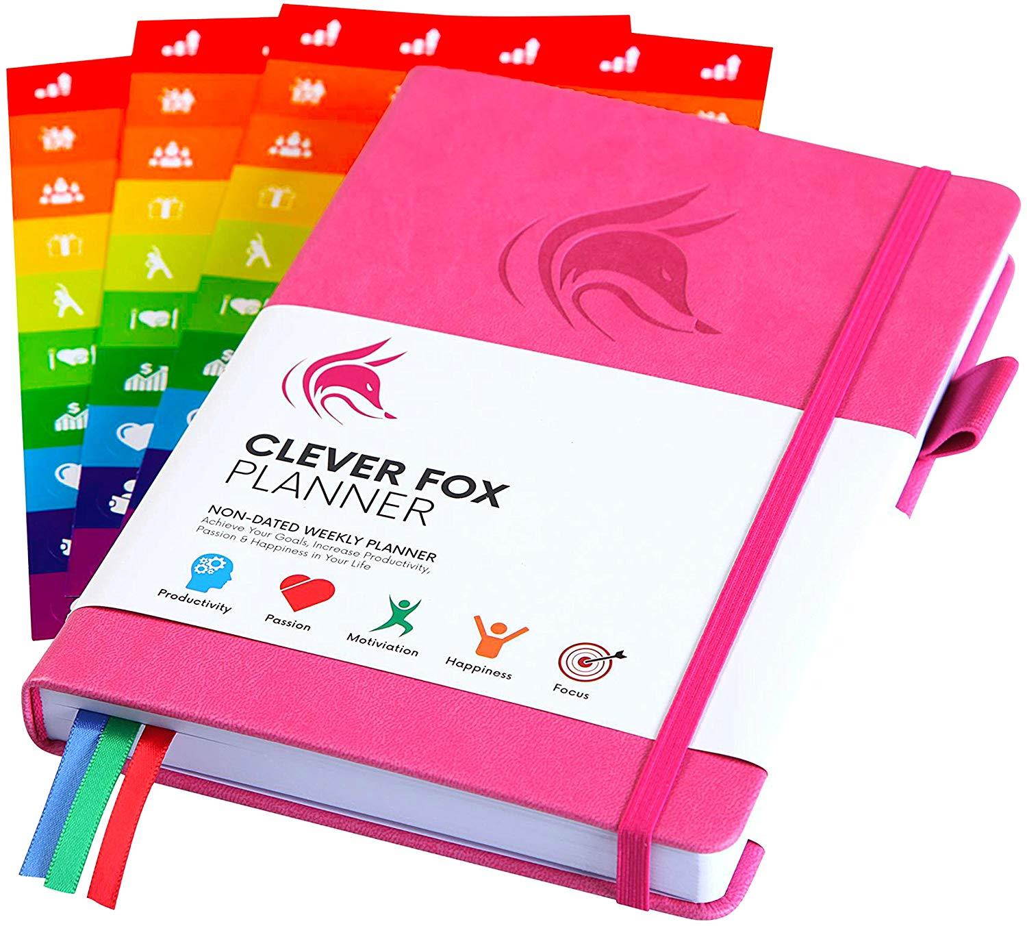 The Clever Fox Planner - Undated Weekly Planner, Organizer, Calendar and Gratitude Journal to Boost Productivity, Happiness and Hit Your Goals in 2019 - Lasts 1 Year - A5 Size - Stickers - Hot Pink
