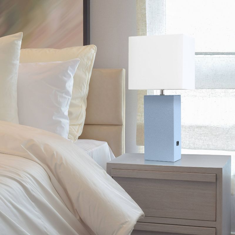Modern Leather Table Lamp with USB and Fabric Shade Periwinkle - Elegant Designs