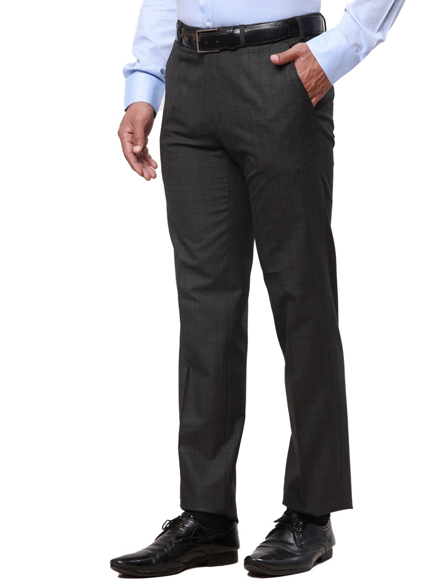 Park Avenue Grey Classic Fit Checks Trousers