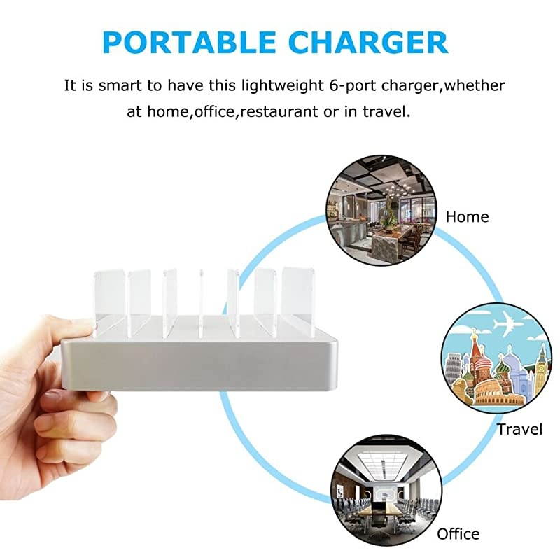 USB Charging Station, Charger Station with 5 Phone Cable,1 Type-C,1 Micro Cable,6-Port Charging Station for Multiple Devices(Silver White)