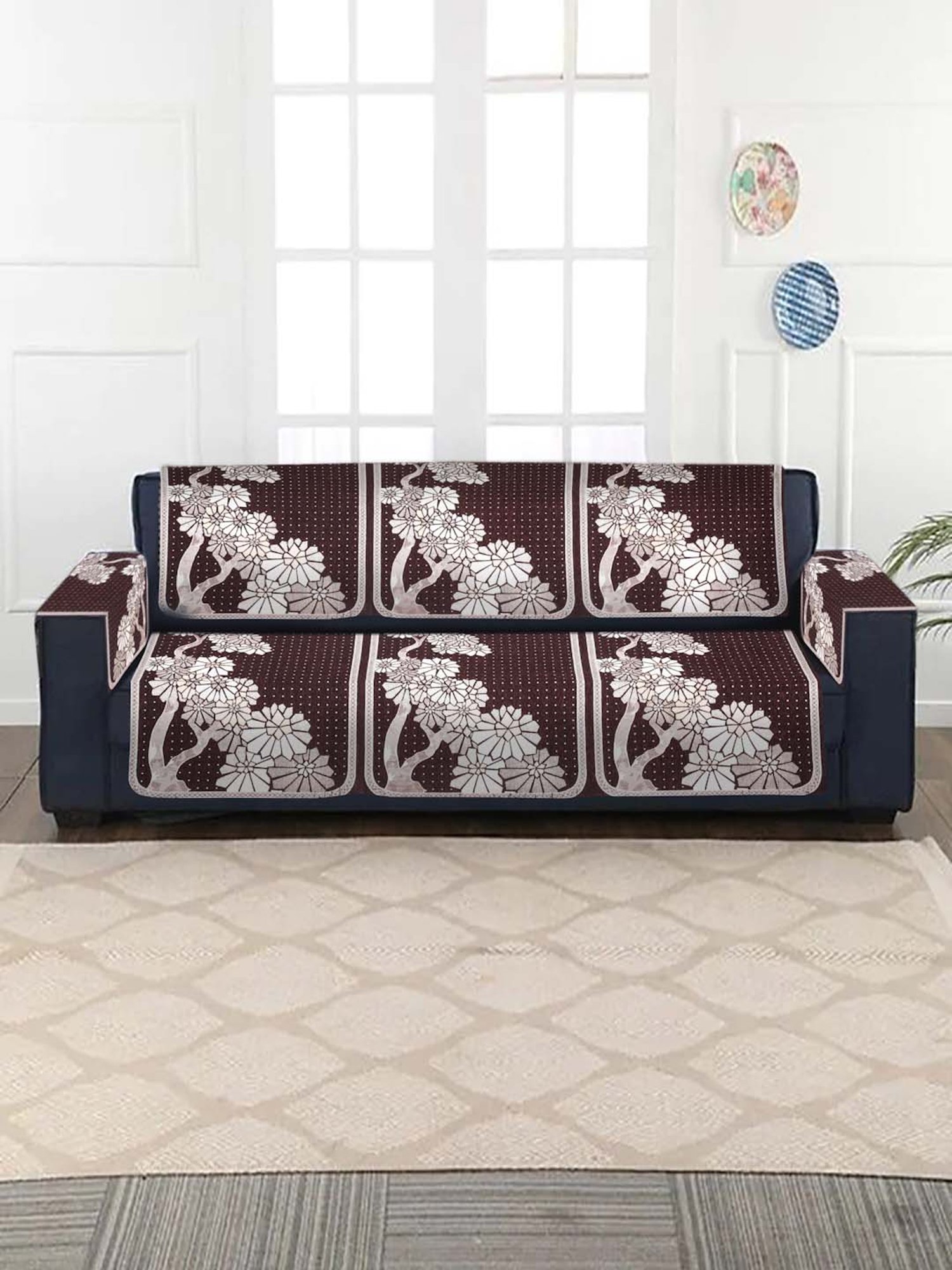 HOSTA HOMES Dark Brown & White Velvet Sofa Cover With Arm Rest - Set of 16