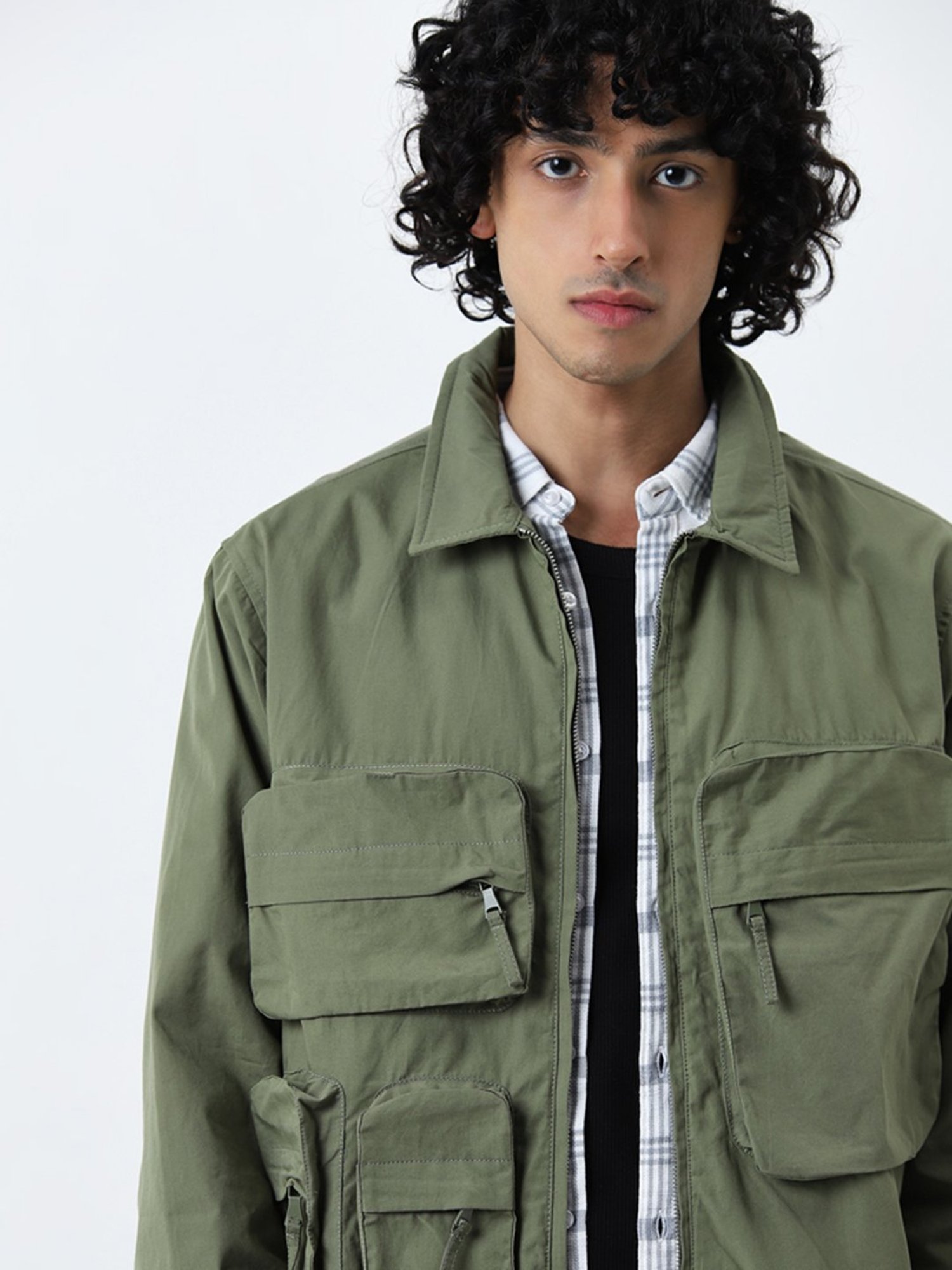 Nuon by Westside Olive Cargo-Style Relaxed-Fit Cotton Blend Jacket