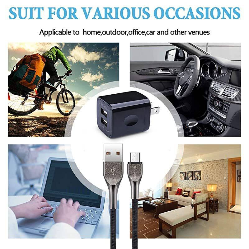 Dual USB Port Wall Phone Adapter with 6 6FT Android Micro USB Port Charger Cable Compatible for Samsung J8 J7 Pro S6 S7 Edge LG G4 Stylo 3 2 Kindle Fire Motorola Moto G5S G4 Android Cable