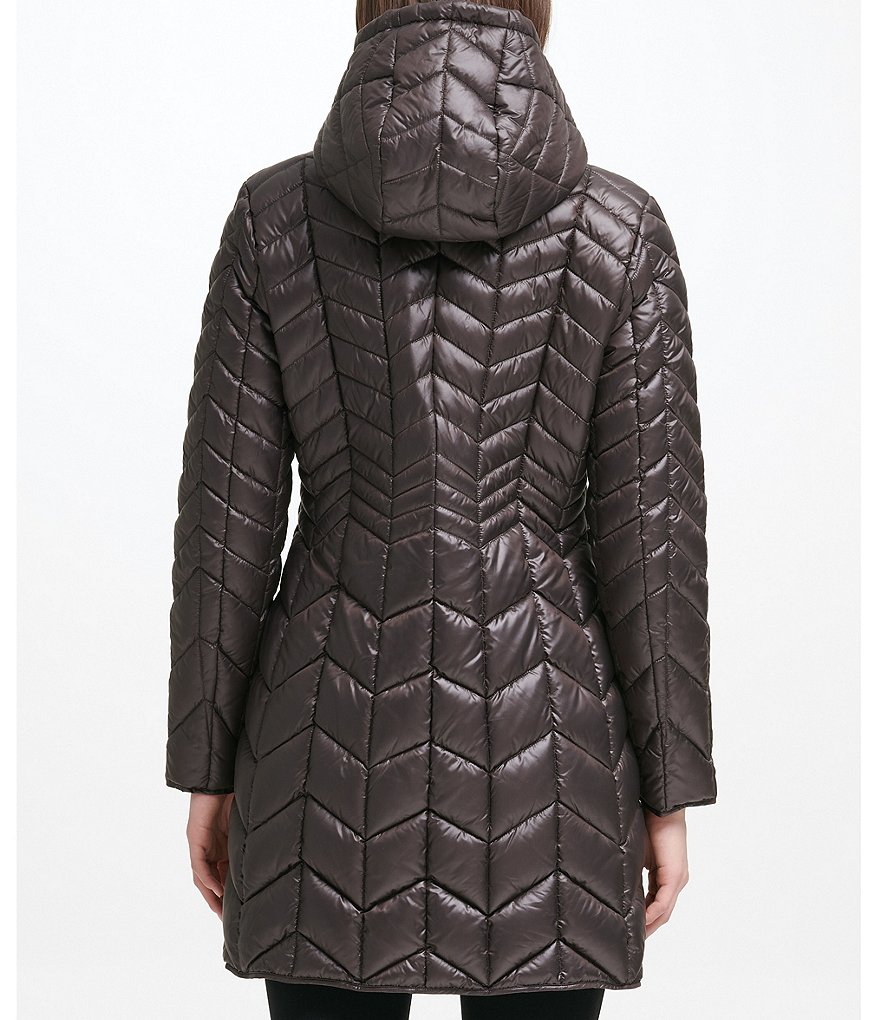 Kenneth Cole New York Water Resistant Packable Stand Collar Hooded Chevron Quilted Puffer Coat