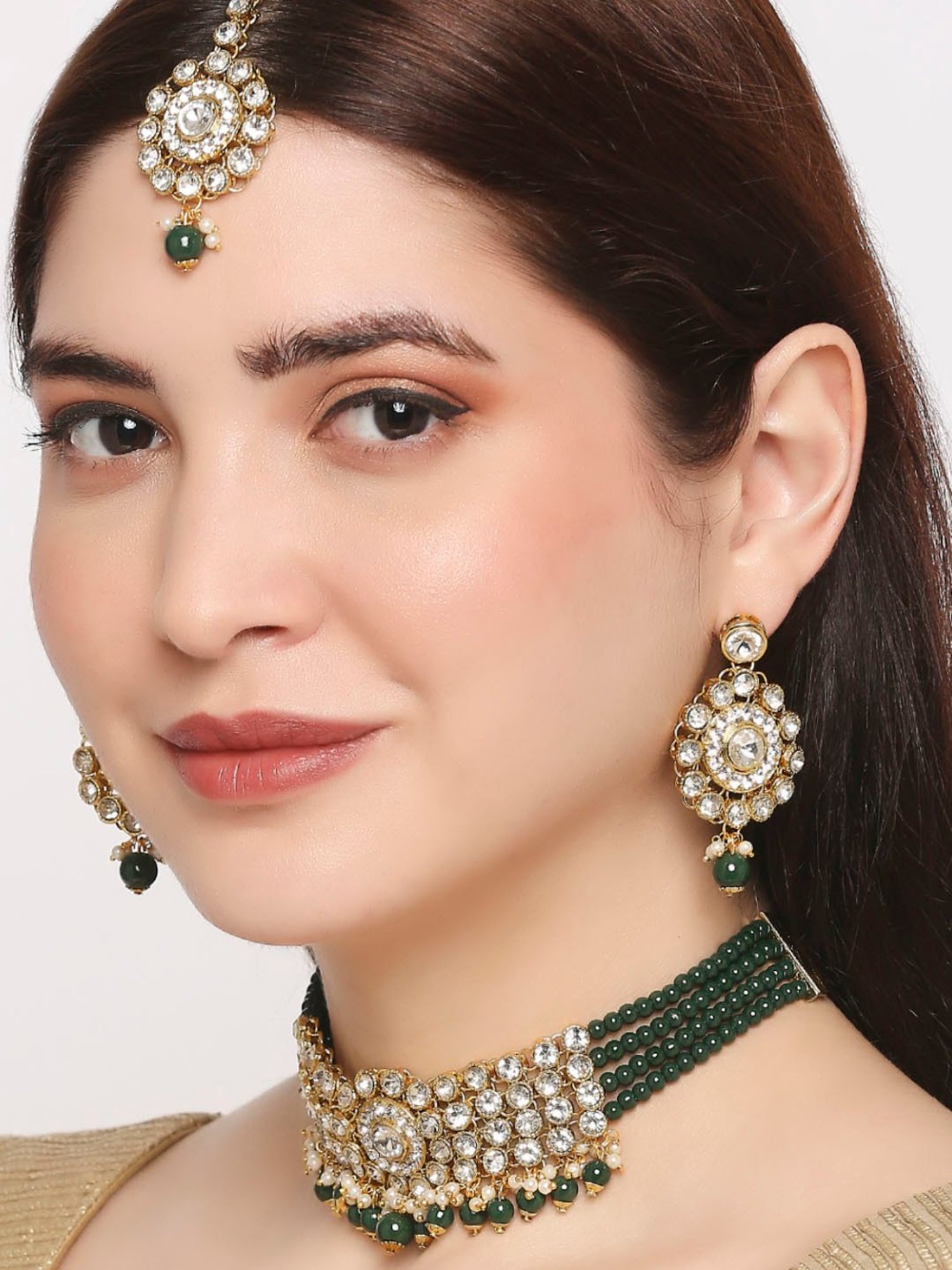 OOMPH Green Beads & Kundan Multi Layer Choker Necklace Set with Drop Earrings & Maangtikka