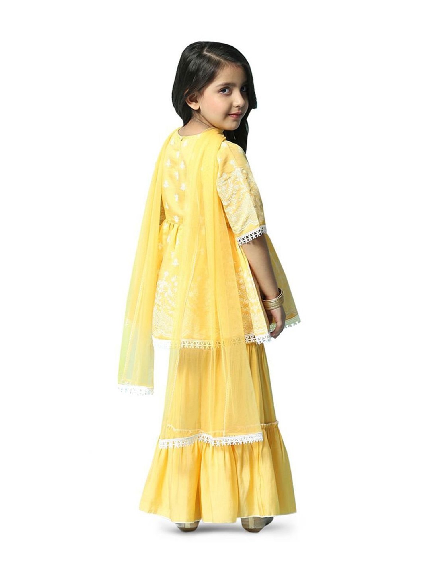 Biba Girls Yellow & White Embroidered Kurta Set