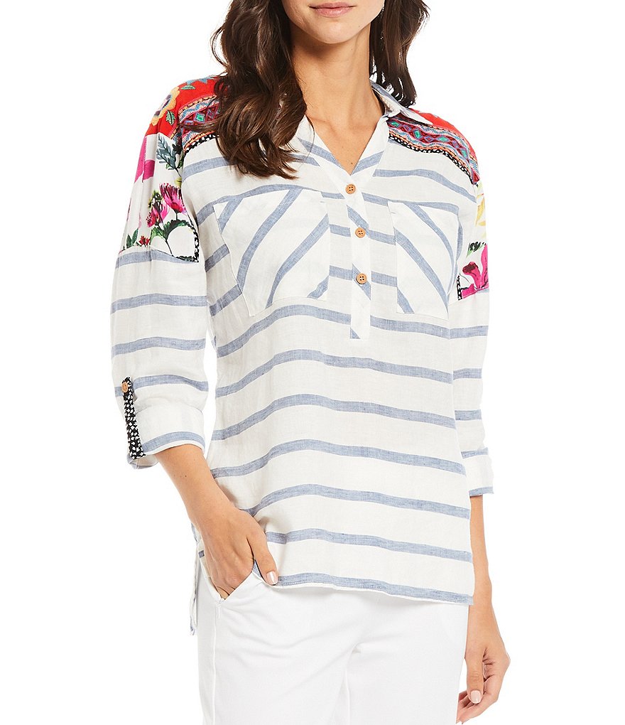 John Mark Stripe and Floral Linen Blend Tunic