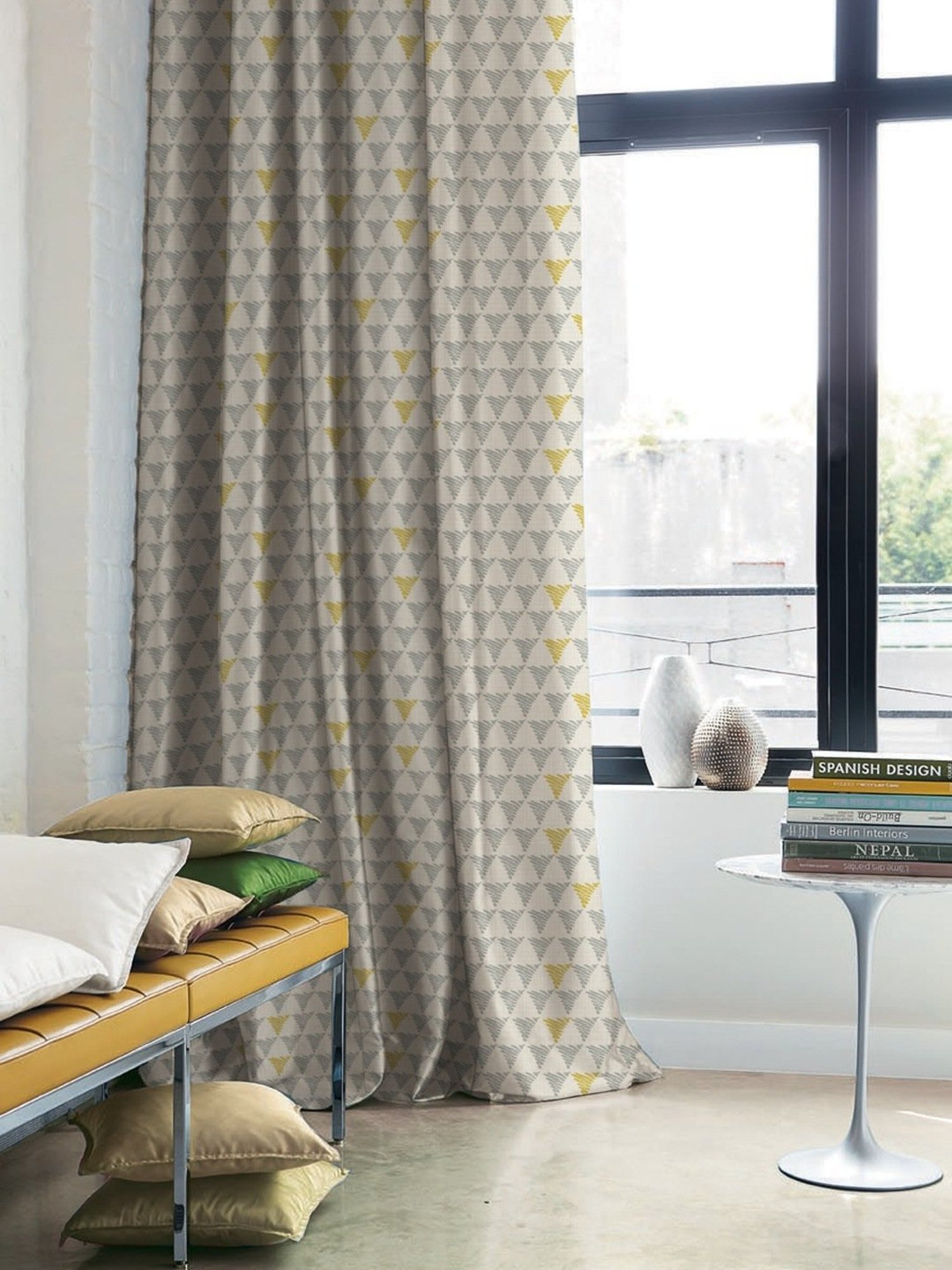 SPACES DRAPE STORY Elegent Grey & Yellow Polyester 8 FT Door Curtain - Set of 2