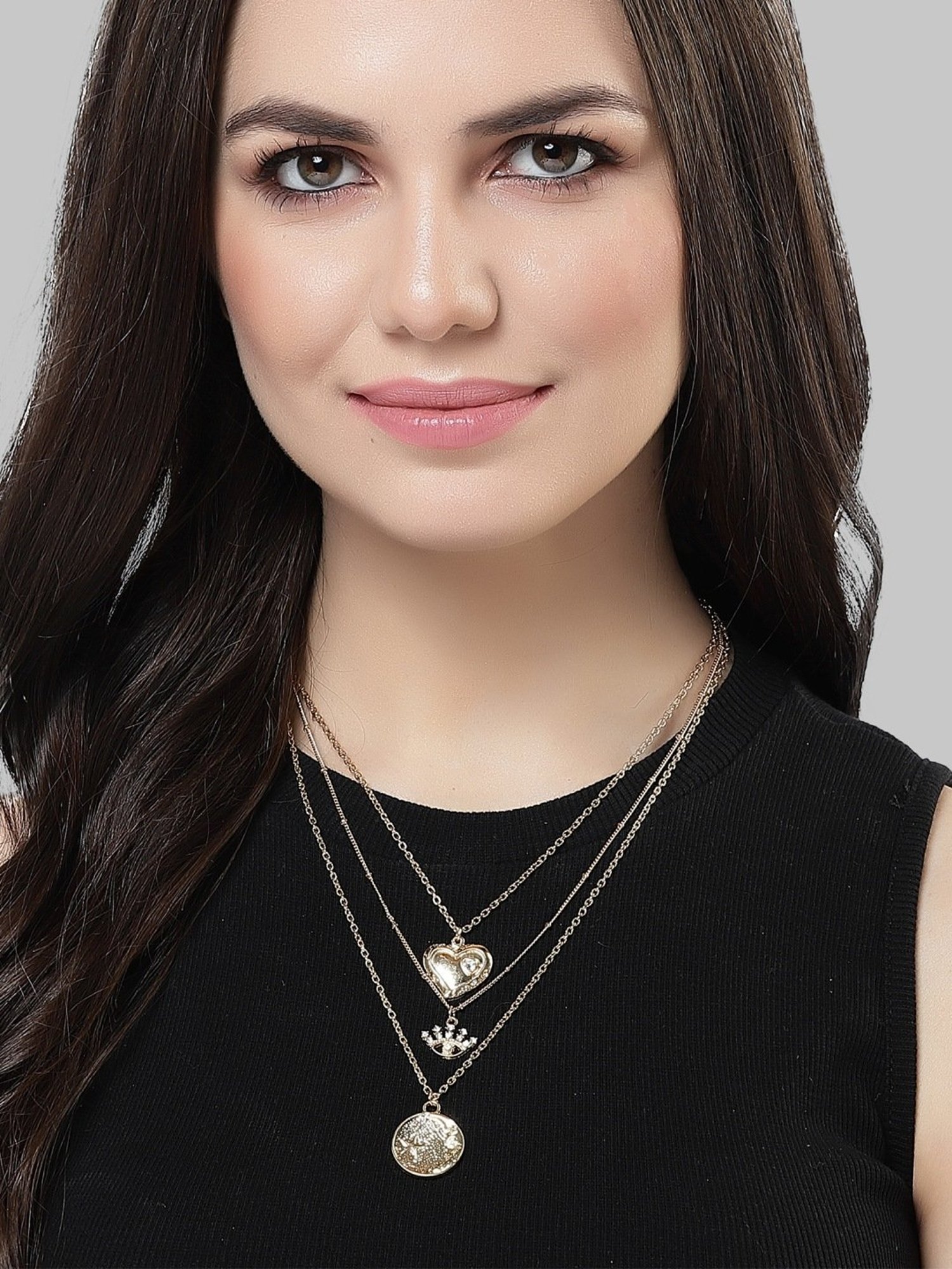 Karatcart Golden Heart and Eye Multicharm Multilayered Chain Women
