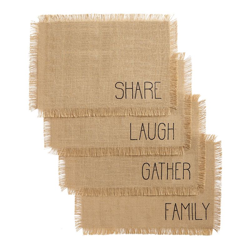 Farmhouse Living Sentiments Burlap Placemats, Set of 4 - 13" x 19" - Natural - Elrene Home Fashions
