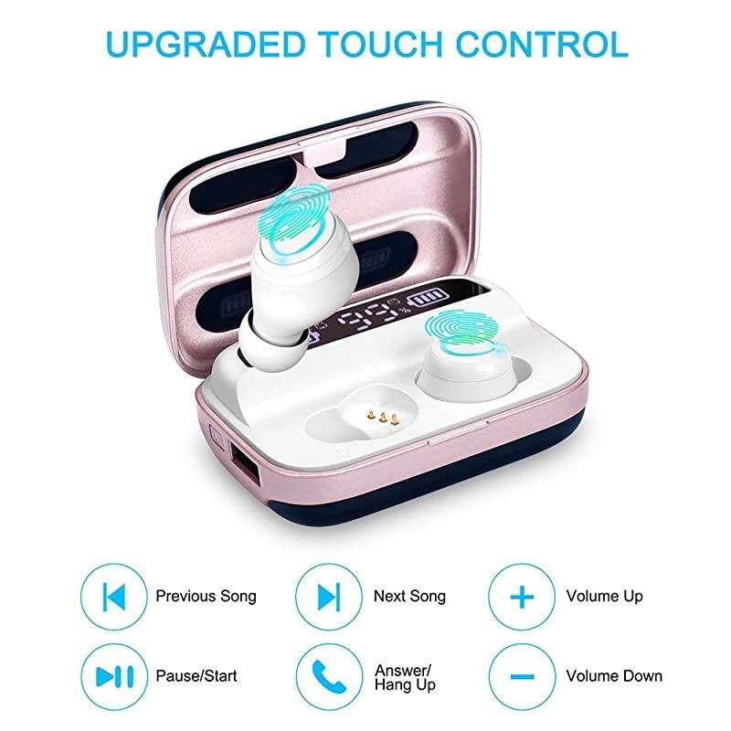 Earbuds, Bluetooth 5.0 Earbuds 126H Playtime, Bluetooth Headphones TWS Stereo Noise Cancelling Earphones in Ear with Mic, USB-C Charging, IP7 Waterproof Headset for Sports Rose Gold