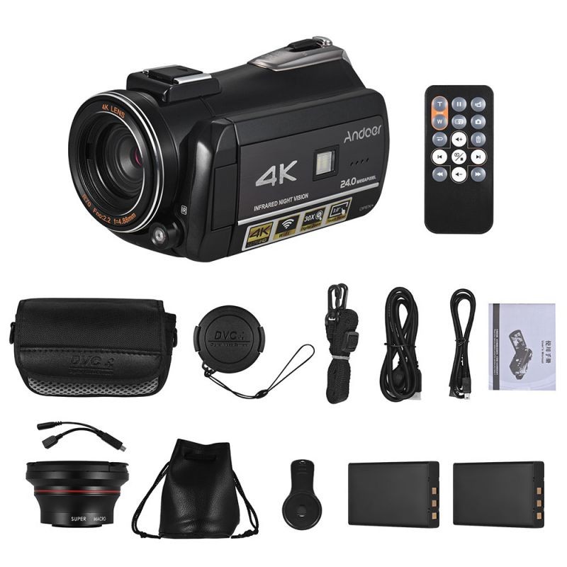 Andoer AC3 4K UHD 24MP Digital Video Camera Camcorder DV Recorder 30X Zoom WiFi Connection IR Night Vision 3.1 Inch IPS LCD Touchscreen Hot Shoe Mount with 2pcs Rechargeable Batteries + Extra 0.39X
