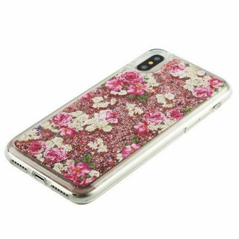 For  iPhone X/XS 10 Pink Roses Quicksand Glitter Hard TPU Hybrid Case Cover