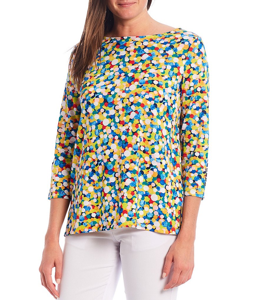 Multiples Multicolor Texture Dot Print Button Detail 3/4 Sleeve Slub Knit Top