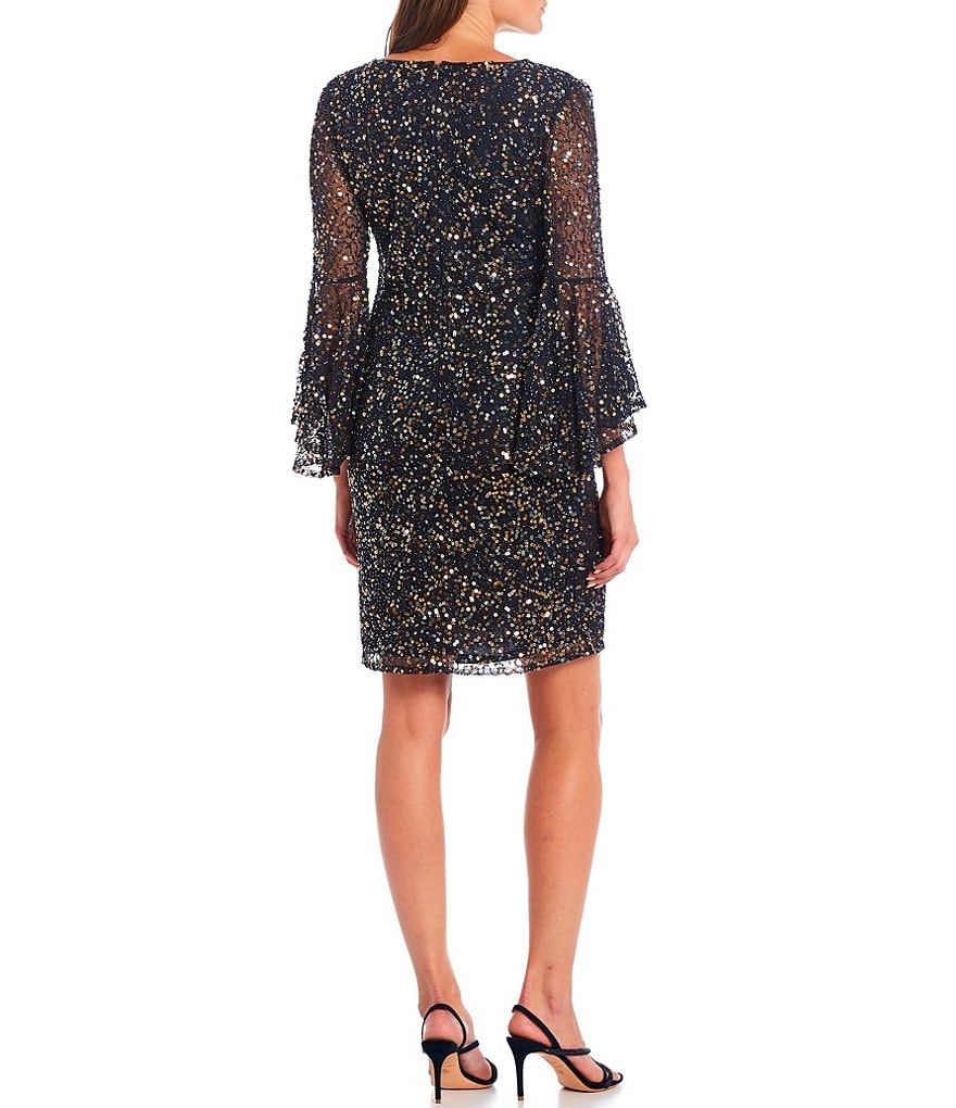 Pisarro Nights Petite Size 3/4 Bell Sleeve Beaded Sheath Dress