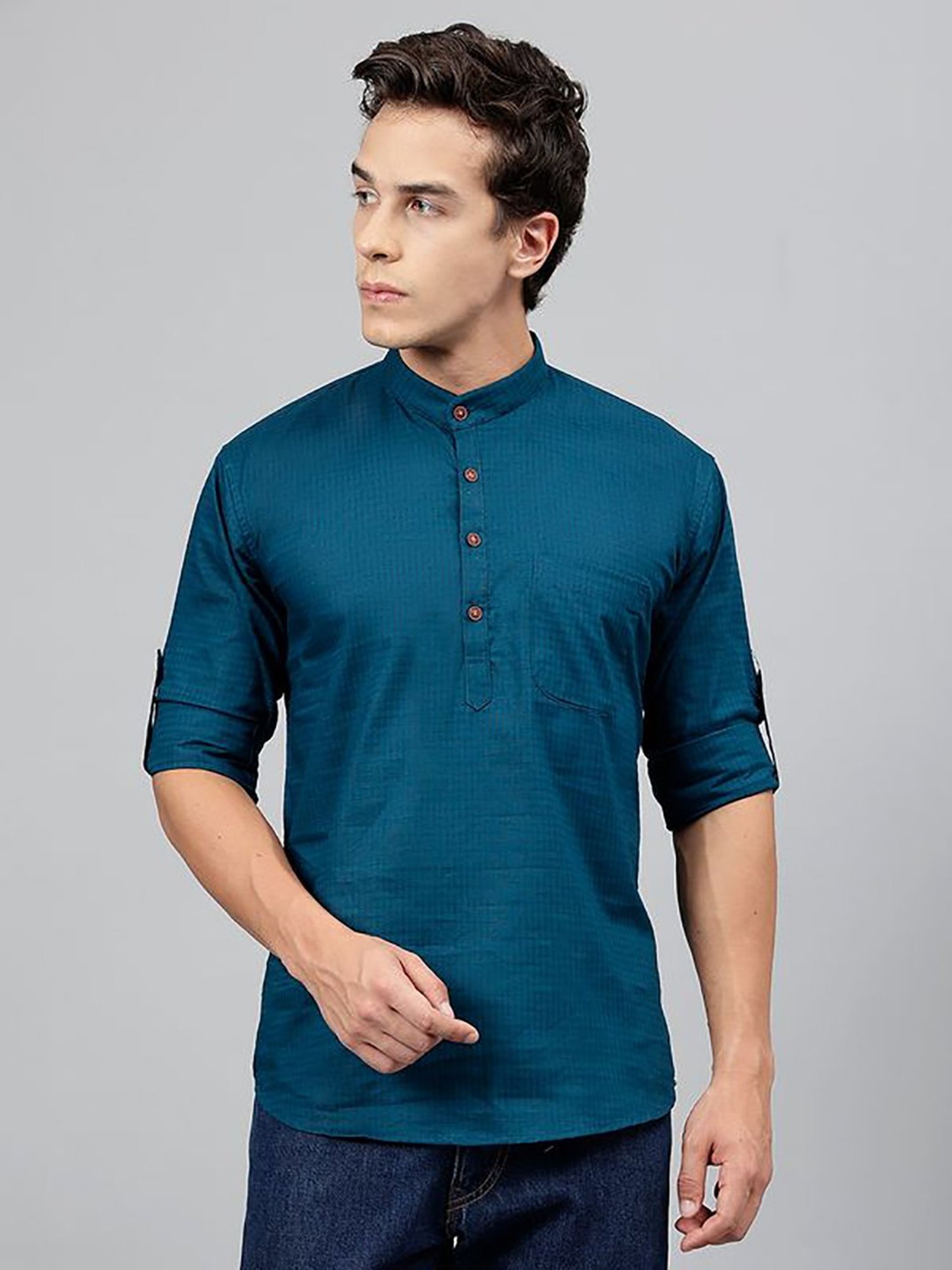 Hancock Turquoise Cotton Regular Fit Solid Kurtas