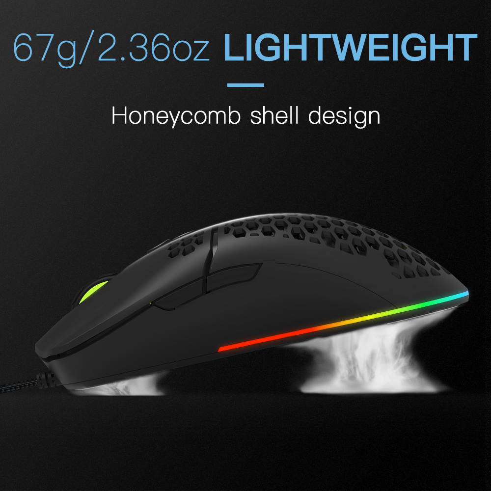 DELUX Lightweight Gaming Mouse(2.36g/67g) with Lightweight Honeycomb Shell Design, Ultralight Ultraweave Cable and 7 Programmable Buttons, 16000 DPI RGB Optical Mice (M700BU(3389)-Black)