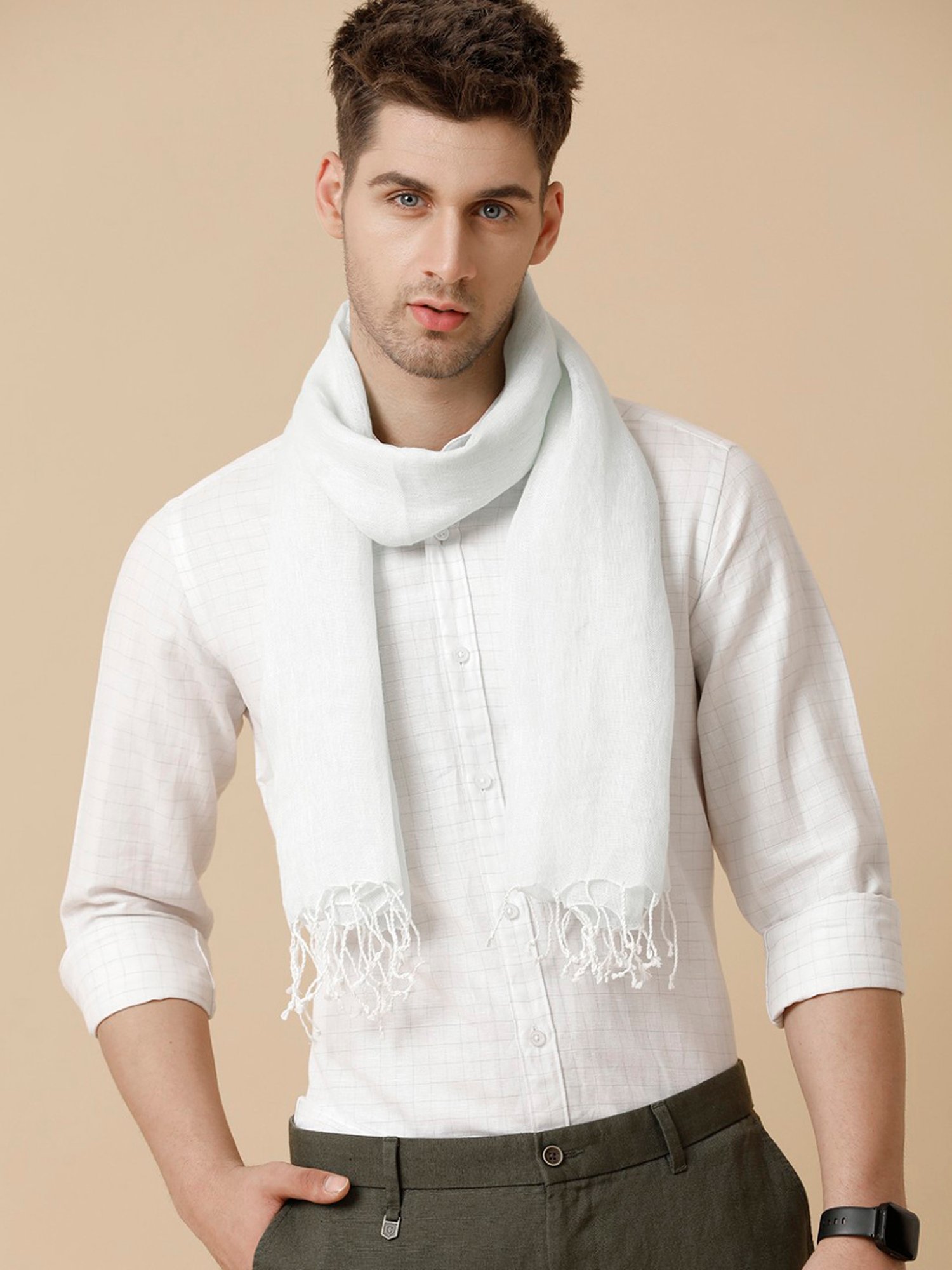 Linen Club White Solid Stole