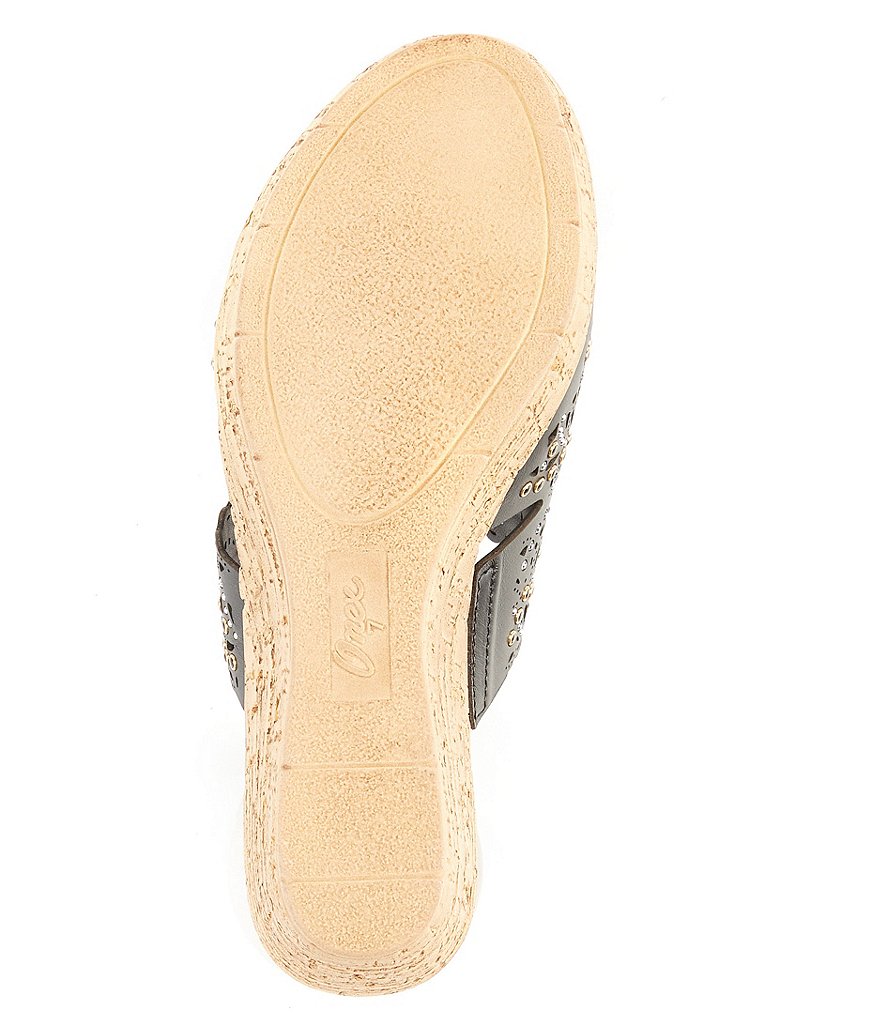 Onex Theresa Leather Perforated Studded Cork Wedge Slides