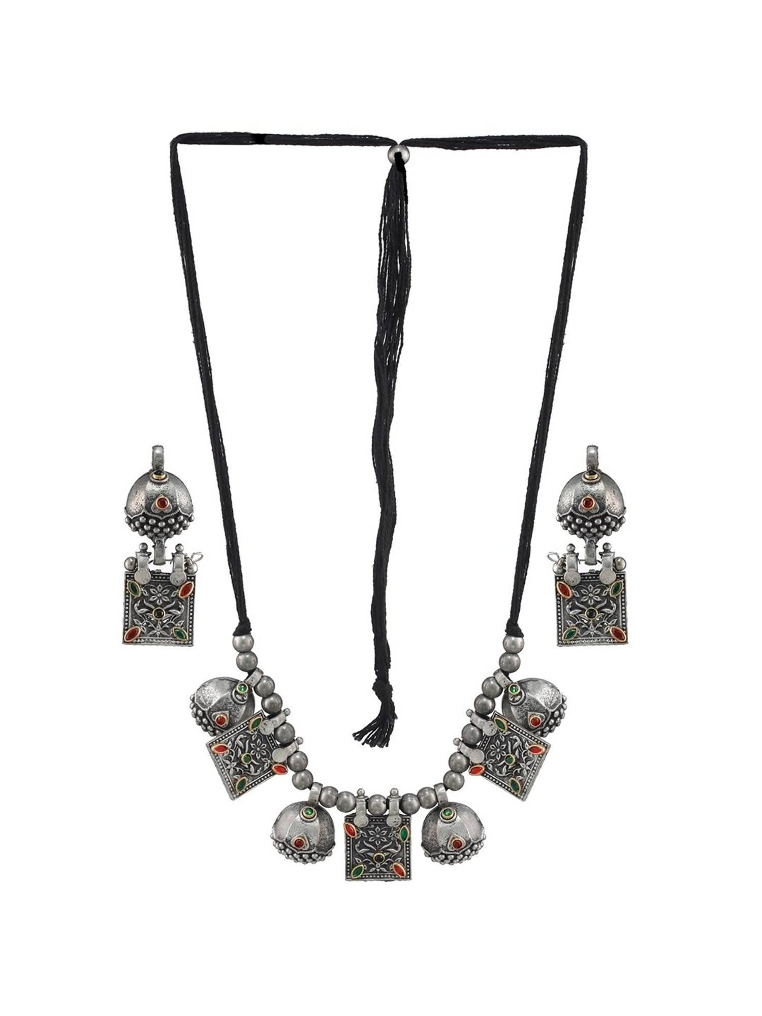Aatmana Silver-Plated Kundan-Studded & Beaded Necklace & Earring Set