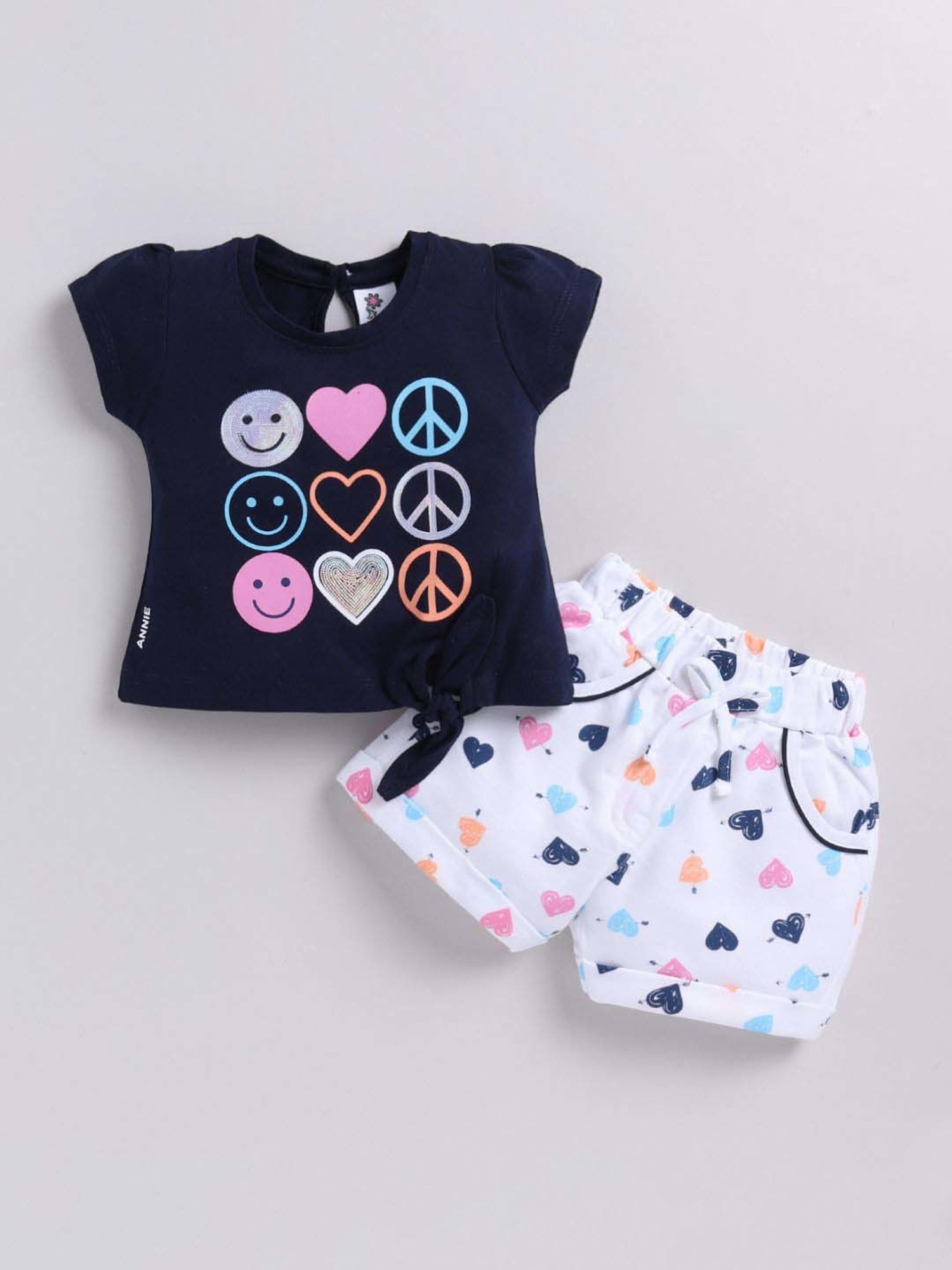 ANNIE Girls Blue & White Cotton Printed Top & Short sets