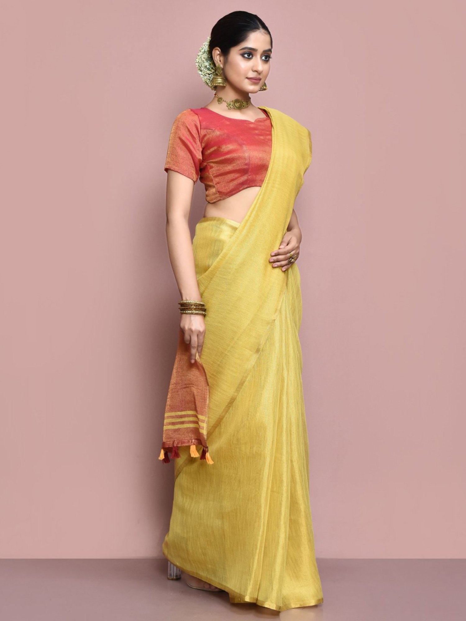 Elora Yellow Linen Saree With Unstitched Blouse