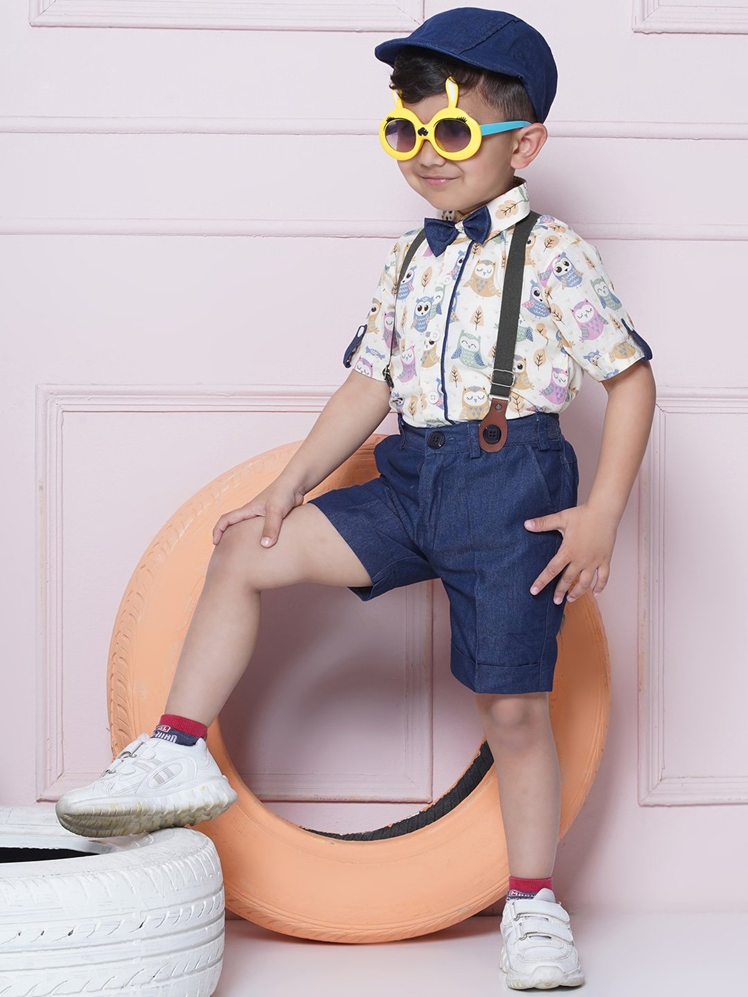AJ Dezines Kids Blue & White Printed Shirt, Shorts, Suspender, Bow with Cap