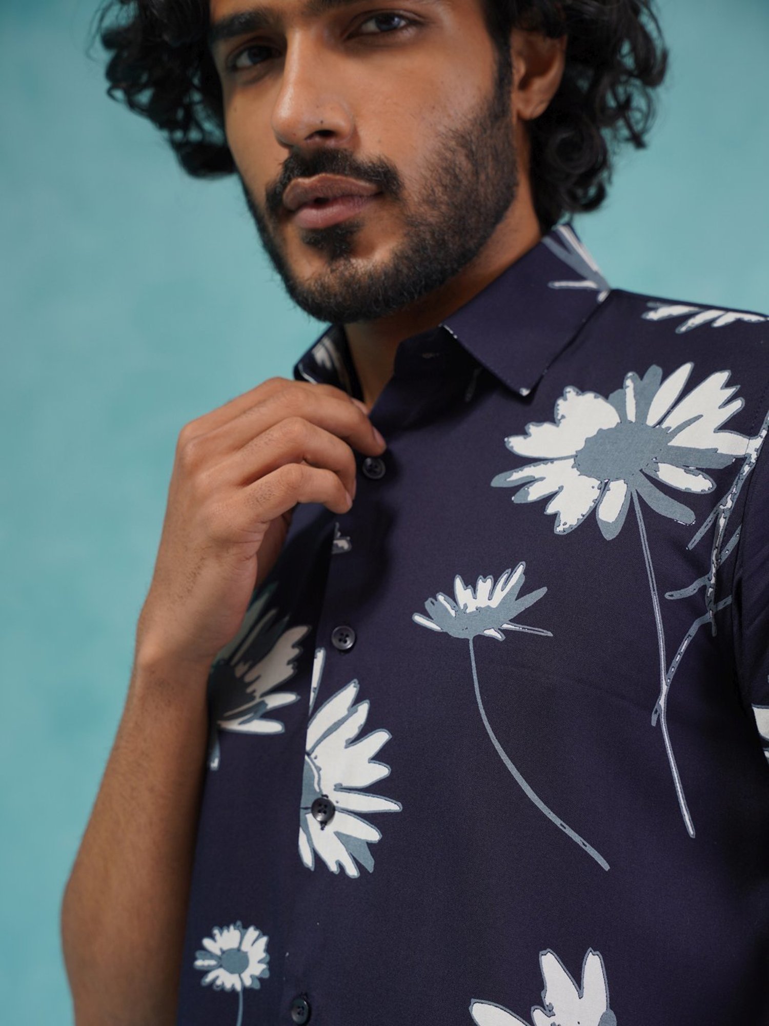 Indian Needle Navy Blue Regular Fit Printed Shirt