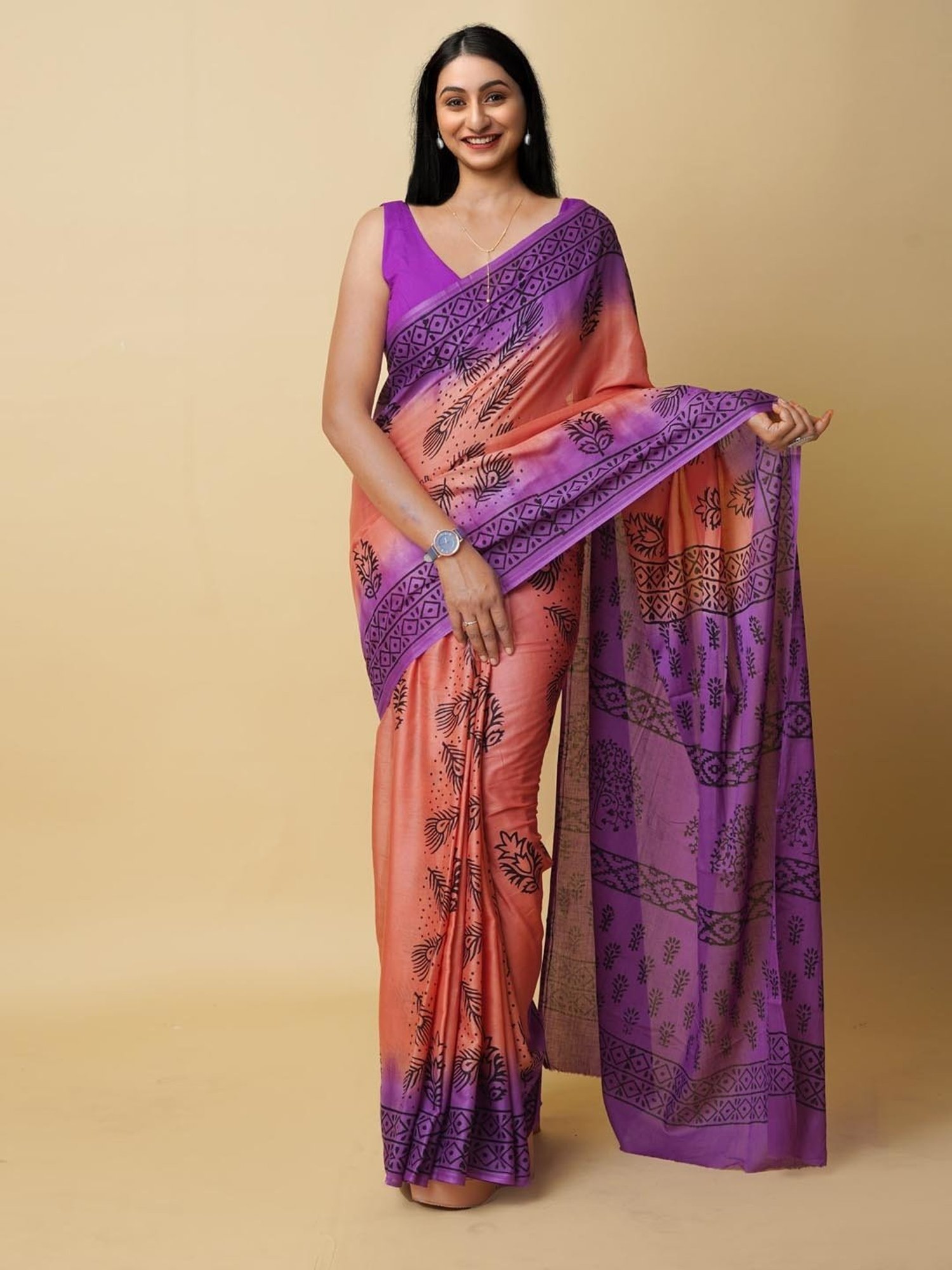 Unnati Silks Peach & Purple Cotton Printed Saree With Unstitched Blouse