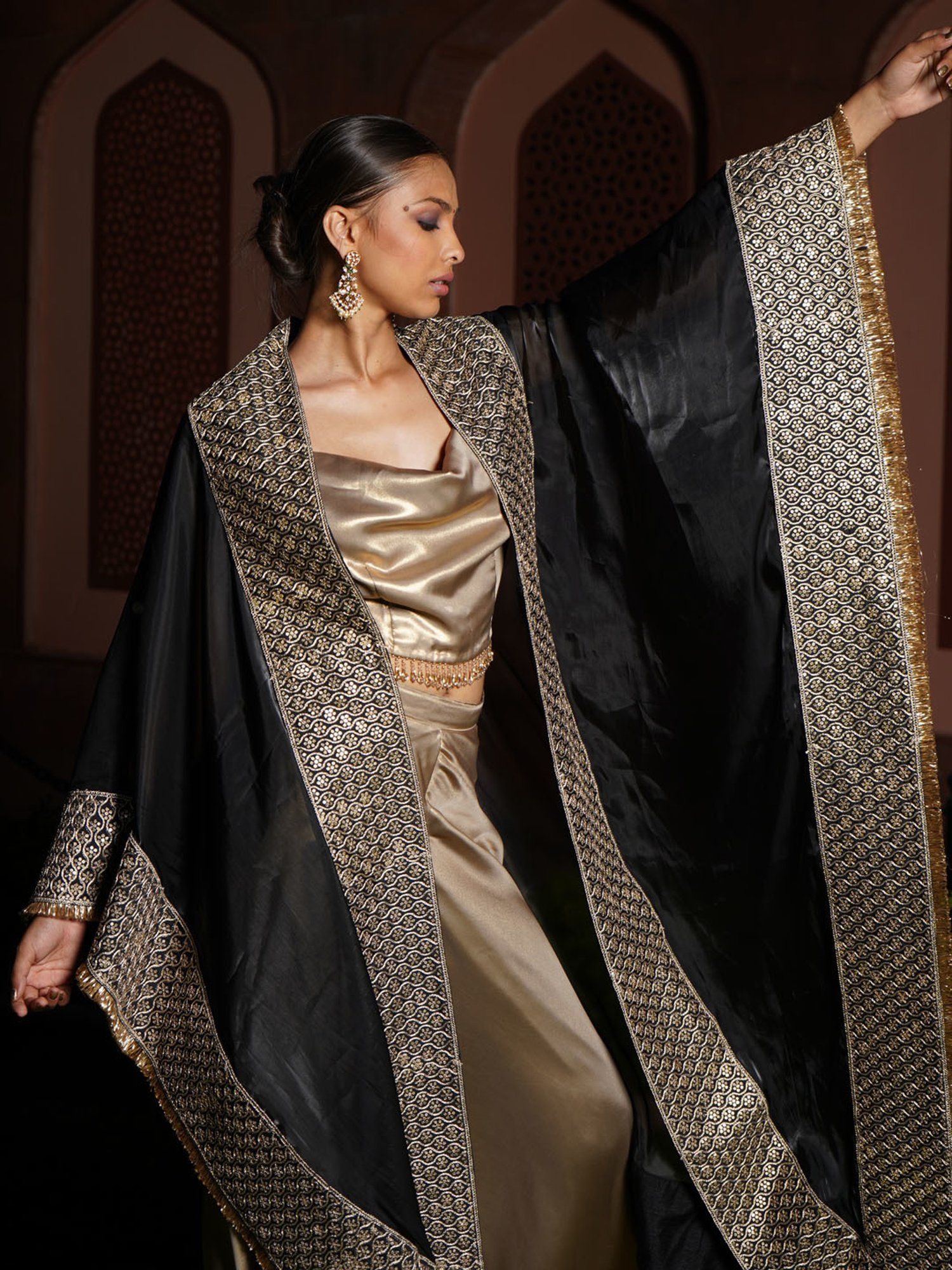 Monk and Mei Safa Satin Blouse and Sharara with Cape