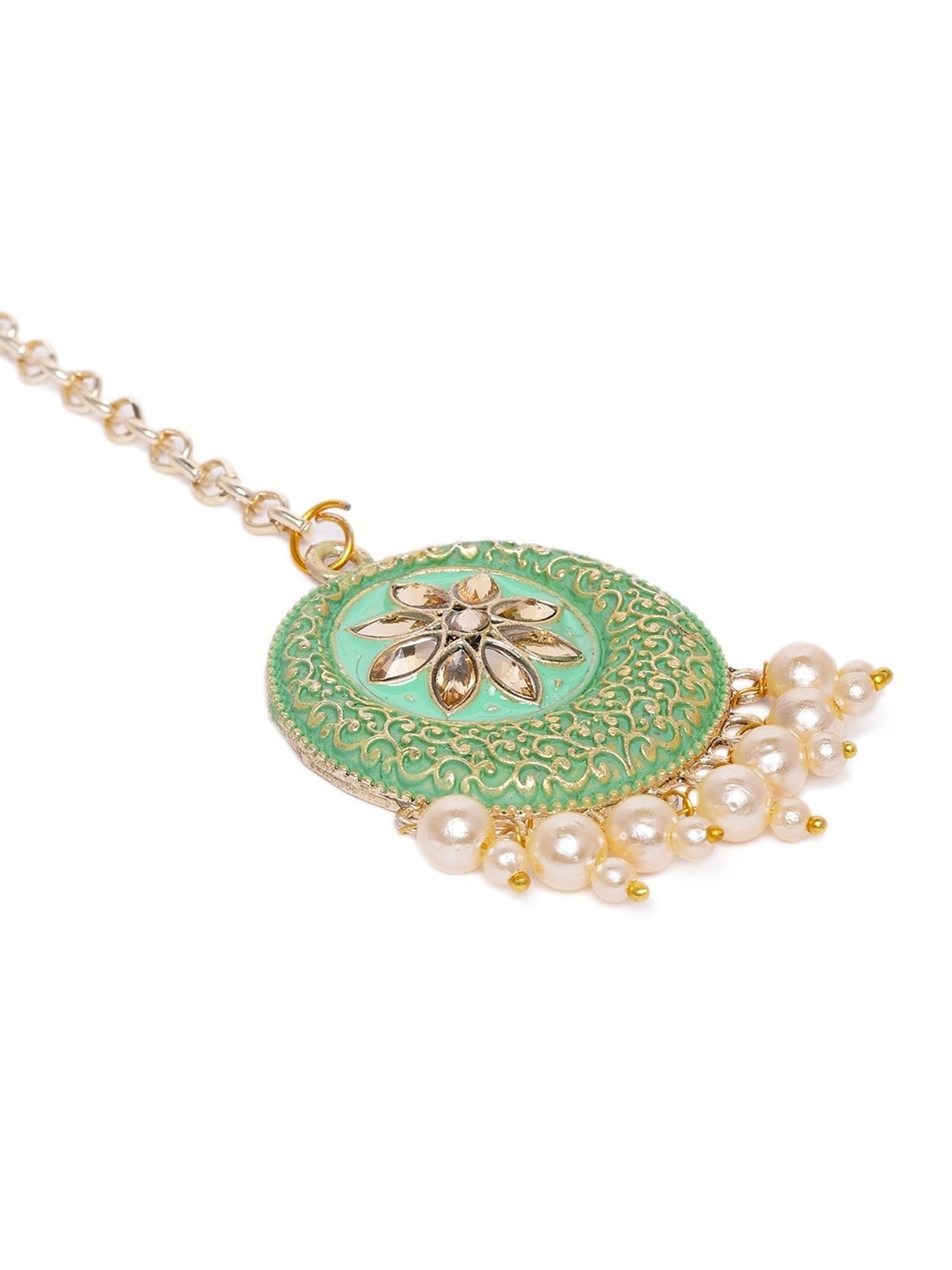 Zaveri Pearls Pastel Green Meenakari Ethnic Filigree Jhumki Earring & Maangtikka Set-ZPFK9957