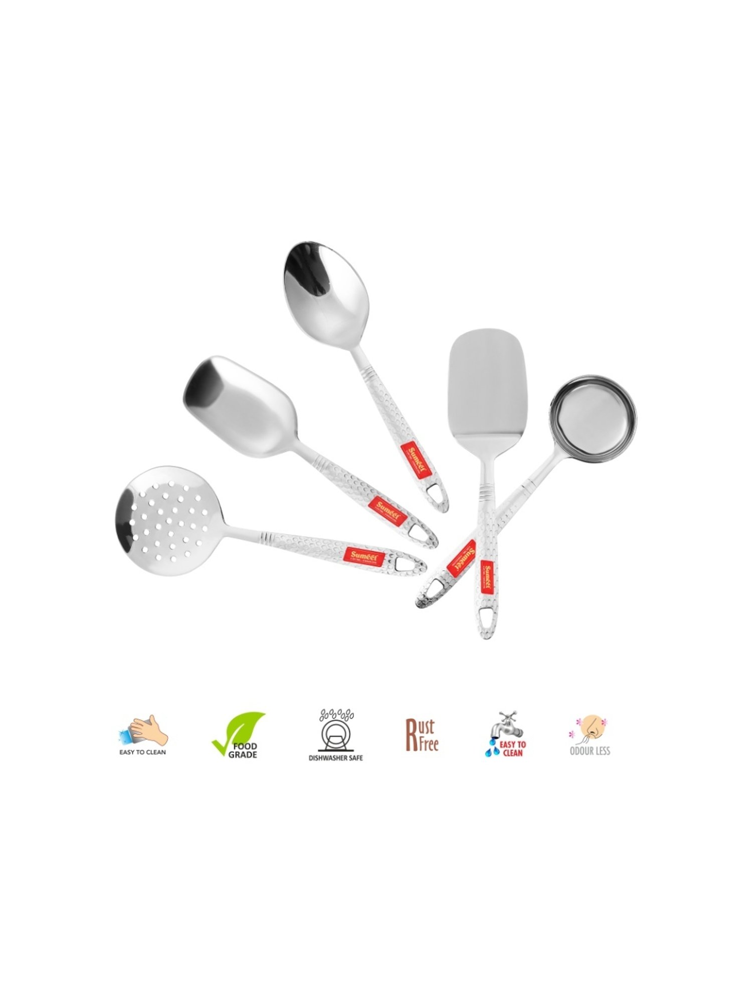 Sumeet S.S.Small Serving&Cooking Spoon Set-5pc(1Turner,1Serving Spoon,1Skimmer,1Basting Spoon,1Ladle