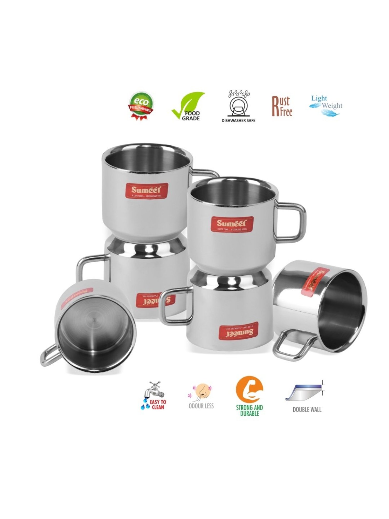 Sumeet Stainless Steel Double Wall Tea and Coffee cups set of 6Pcs (120 Ml Each)