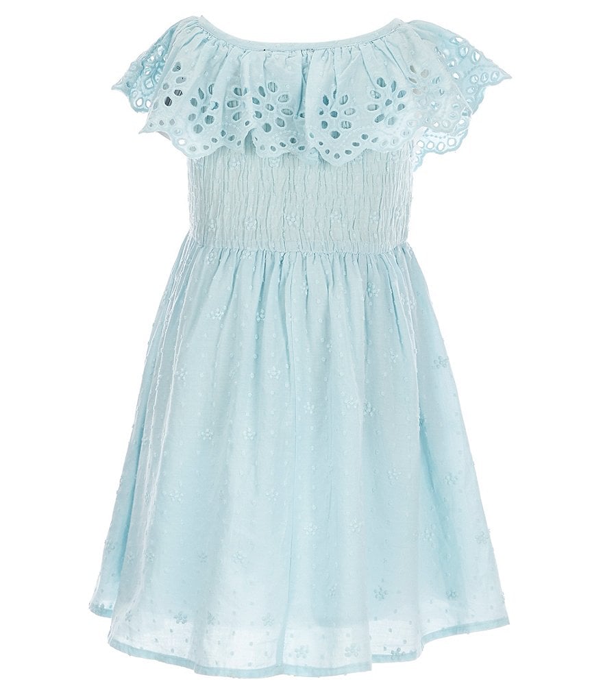 Zunie Little Girls 4T-6X Ruffle Cap-Sleeve Eyelet Smocked Bodice Fit-and-Flare Dress