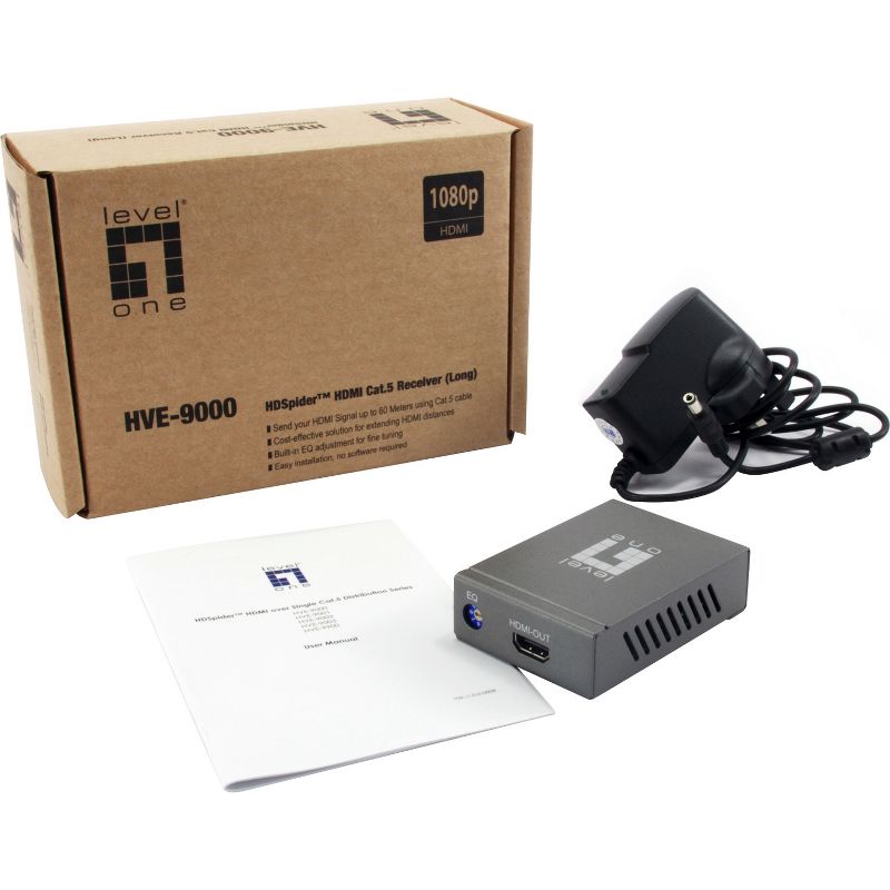 LevelOne HVE-9000 HDS HDMI Cat.5 Receiver(Long) - 1 Input Device - 1 Output Device - 196.85 ft Range - 1 x Network (RJ-45) - 1 x HDMI Out
