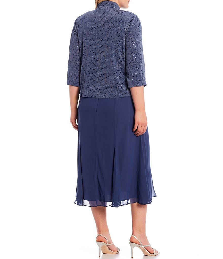 Alex Evenings Plus Size Mandarin Collar Neck 3/4 Sleeve Sequin Metallic Knit A-line Jacket Dress