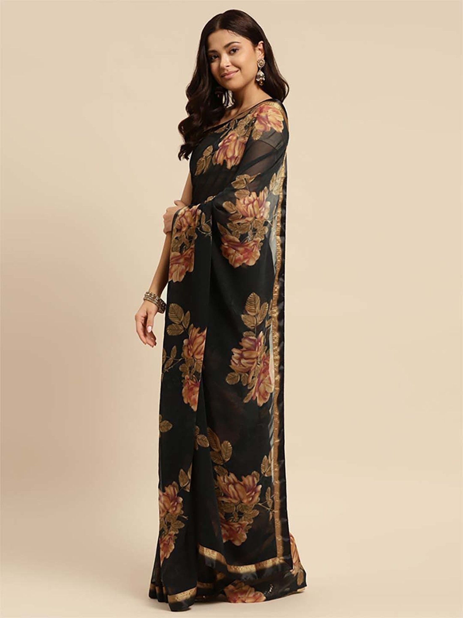 Rangita Black Floral Print Saree With Unstitched Blouse