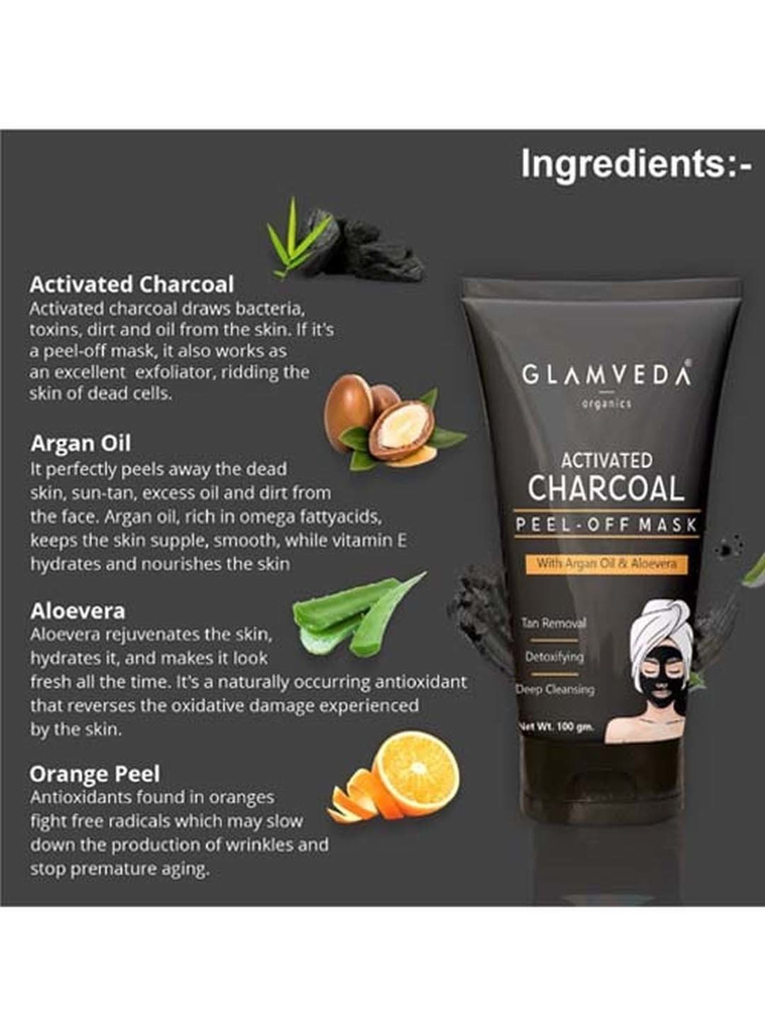 Glamveda Activated Charcoal Peel Off Mask With Argan Oil And Aloe Vera