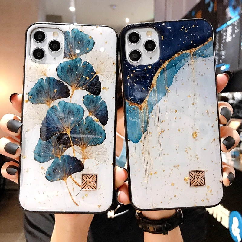 Luxury Gold Foil Phone Case For iPhone 11 12 mini Pro Max XS X XR 7 8 6 6S Plus SE Shockproof tree leaf Cases Cover