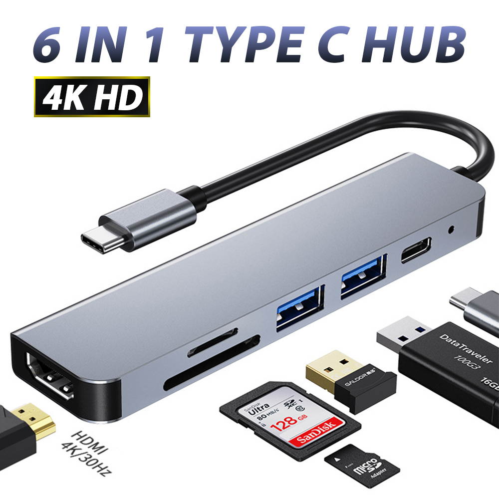 Plugadget Type C Usb Hub 6 In 1 Usb3.0 Otg Adapter 2 Usb C HDMI-compatible Tf Sd Solt Pd Charger Splitter for Macbook Laptops Usbc Hub