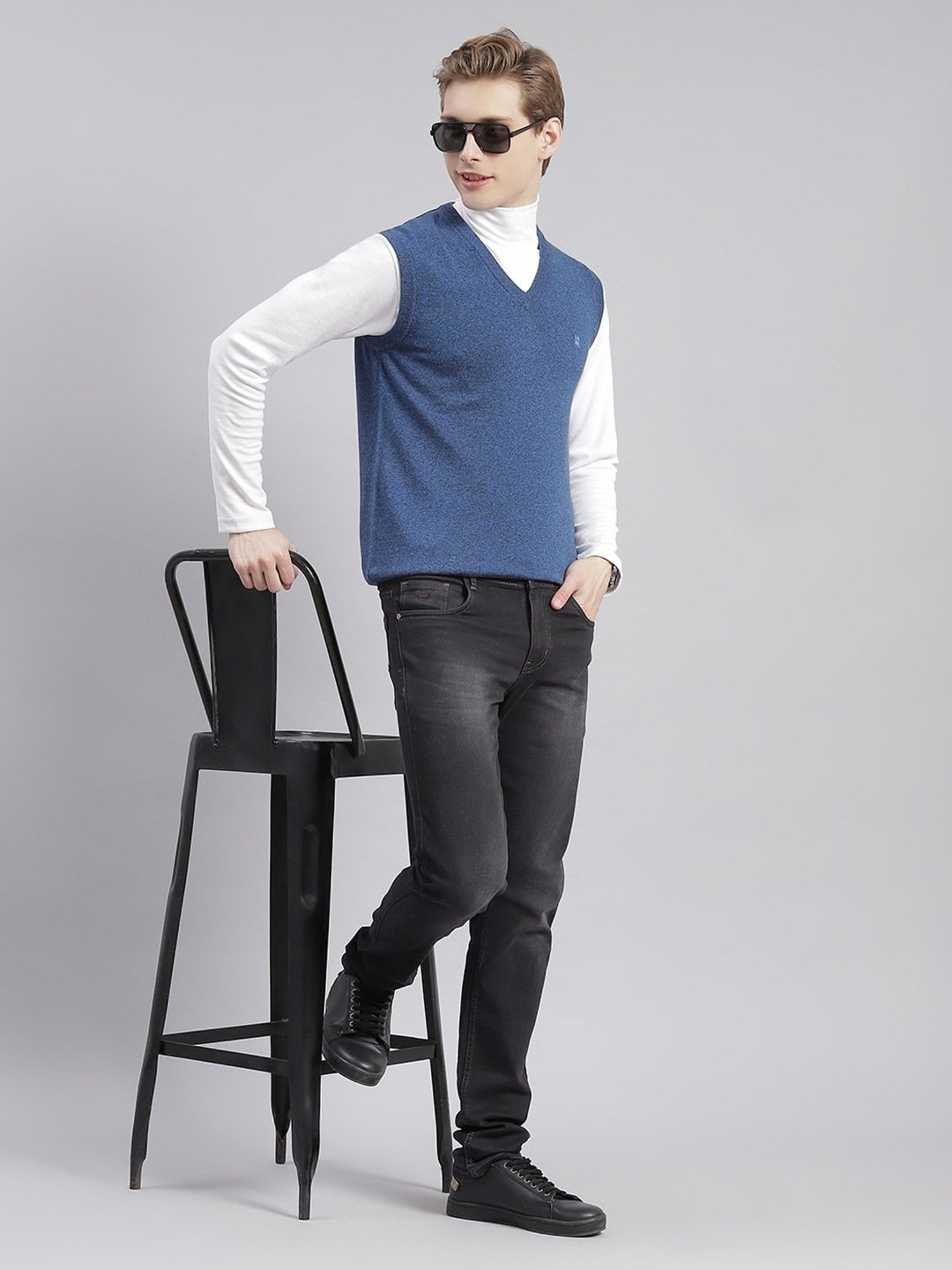 Monte Carlo Blue Cotton Regular Fit Self Pattern Sweater