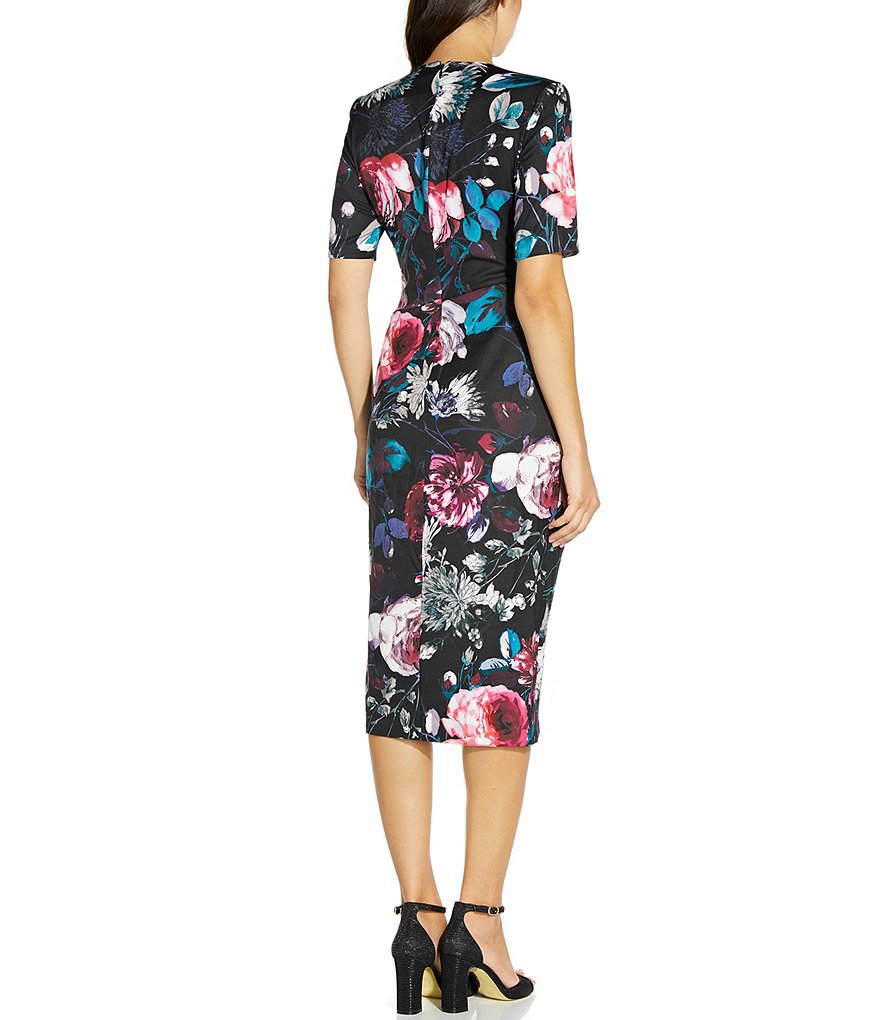 Adrianna Papell Floral Print V-Neck Elbow Short Sleeve Tulip Hem Sheath Dress