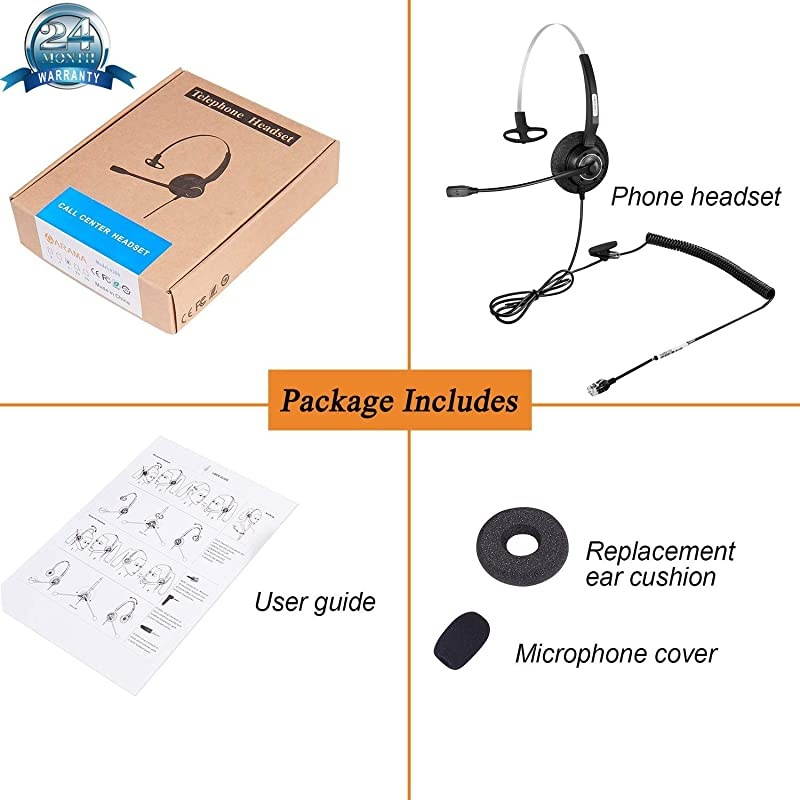 Phone Headset with Noise Canceling Mic for Yealink T19P T20P T21P T22P T26P T28P T23G T29G T32 T36 T38 T41P T41S T42S T46S T48S Avaya 1608 9608G 9611G 9640 Grandstream Phones