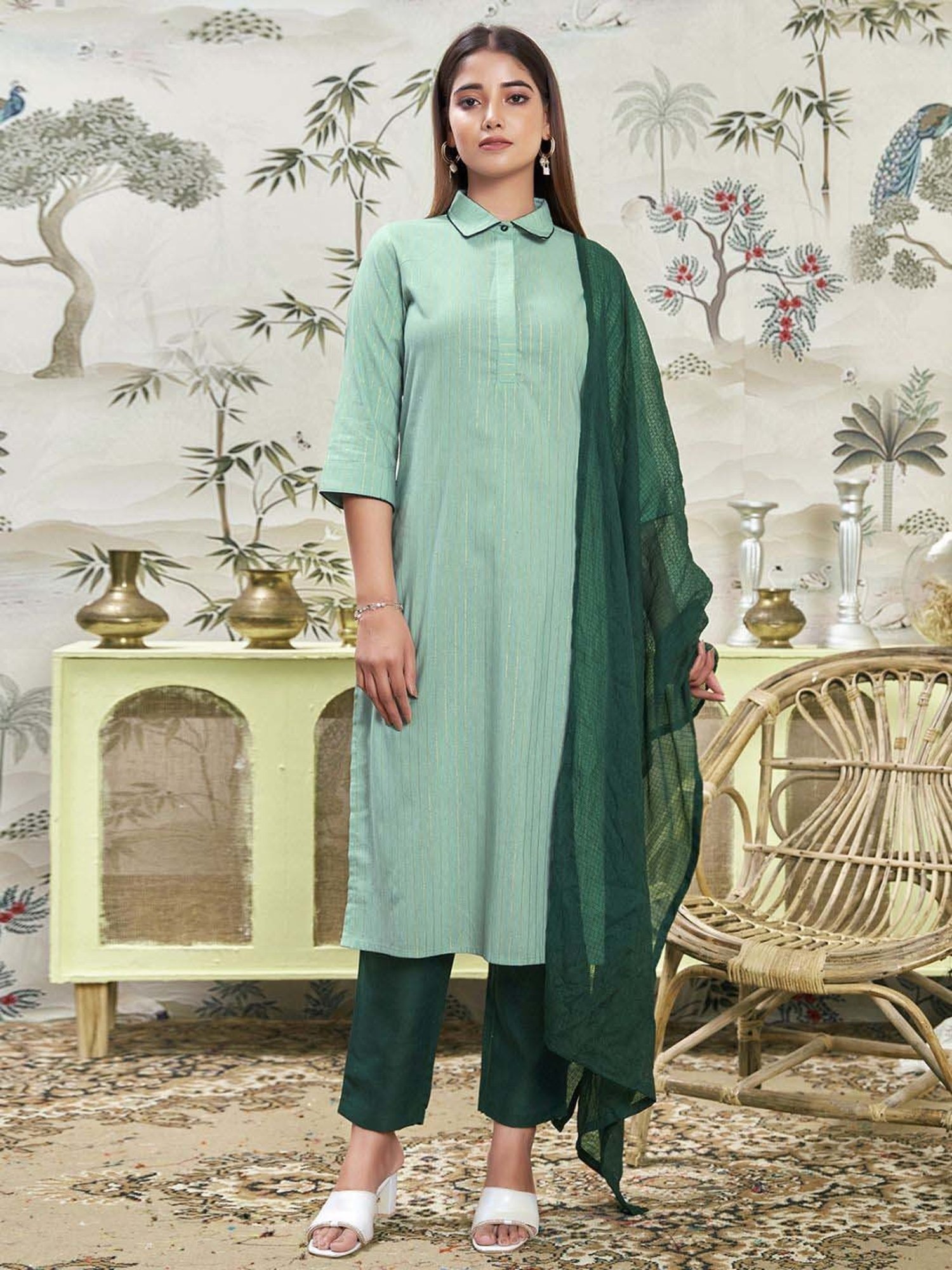 Skylee Green Cotton Striped Kurta Pant Set With Dupatta